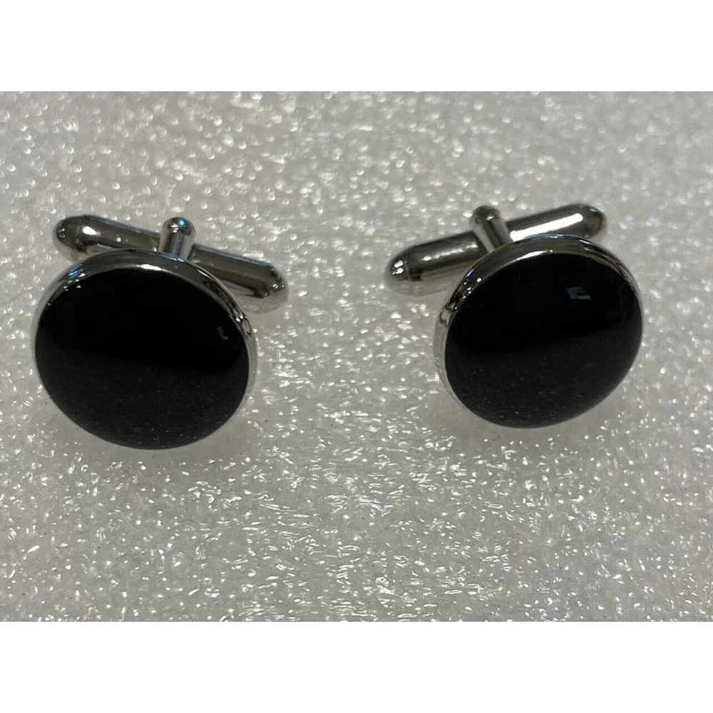 Men Silver Tone Round Black Enamel Tuxedo Cufflinks Shirt Cuff Links Formal